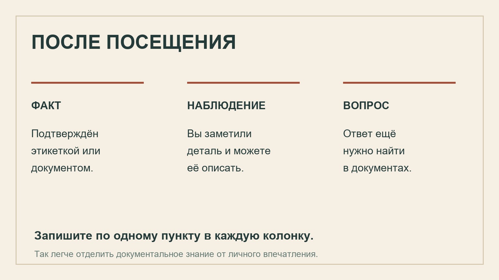 Памятка после посещения музея: факт, наблюдение и вопрос