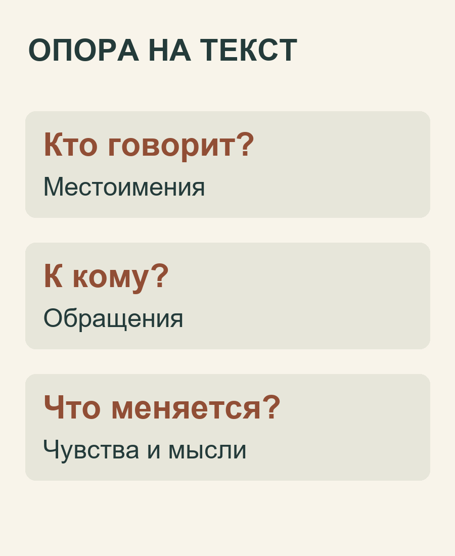 Вопросы к речи героя: кто говорит, к кому обращается и что меняется